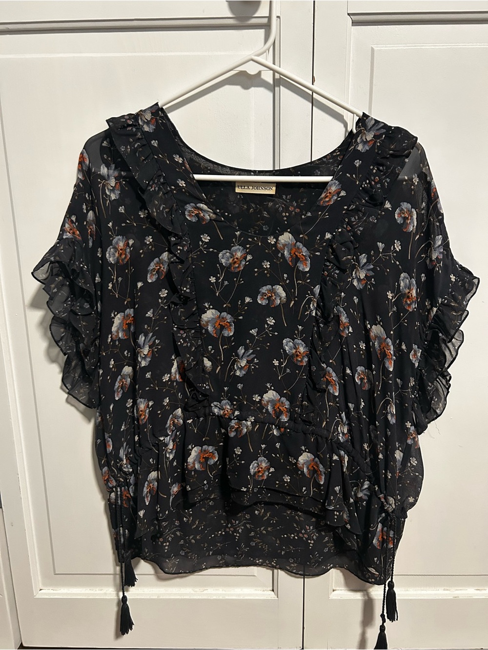 Ulla Johnson Floral Ruffle Short Sleeve Blouse - Black
